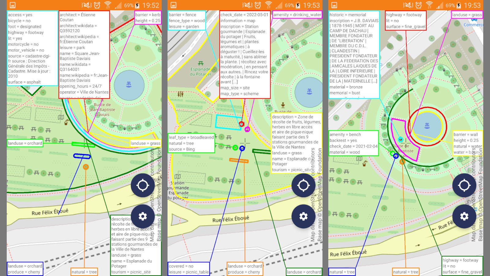 Au delà de l'aspect visuel OpenStreetMap contient de très nombreuses informations (les données) qui caractérisent les éléments de la carte